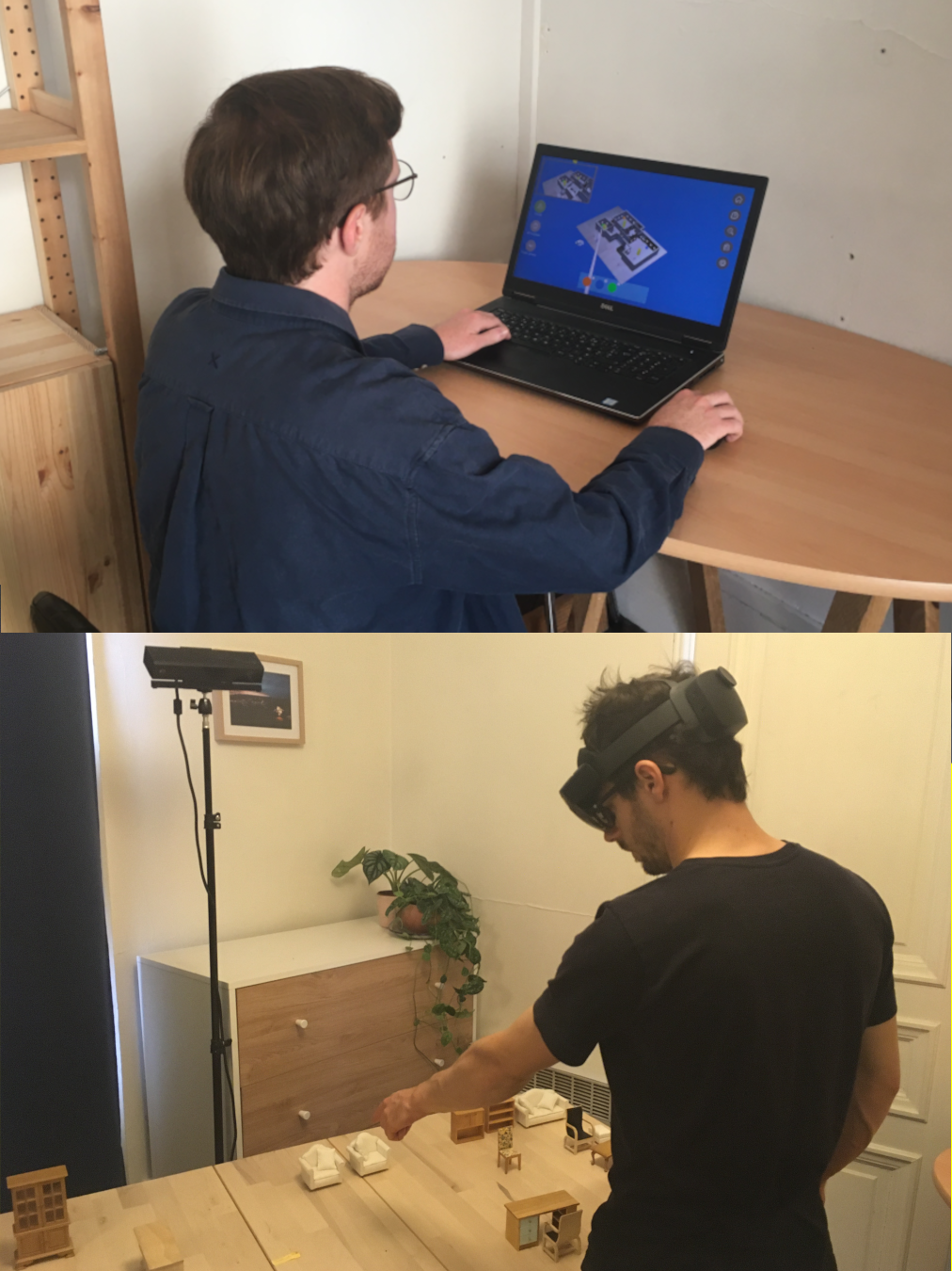 Two pictures, one of a desktop user, one of a AR headset user in front of a 3D camera pointing at physical mock-ups.