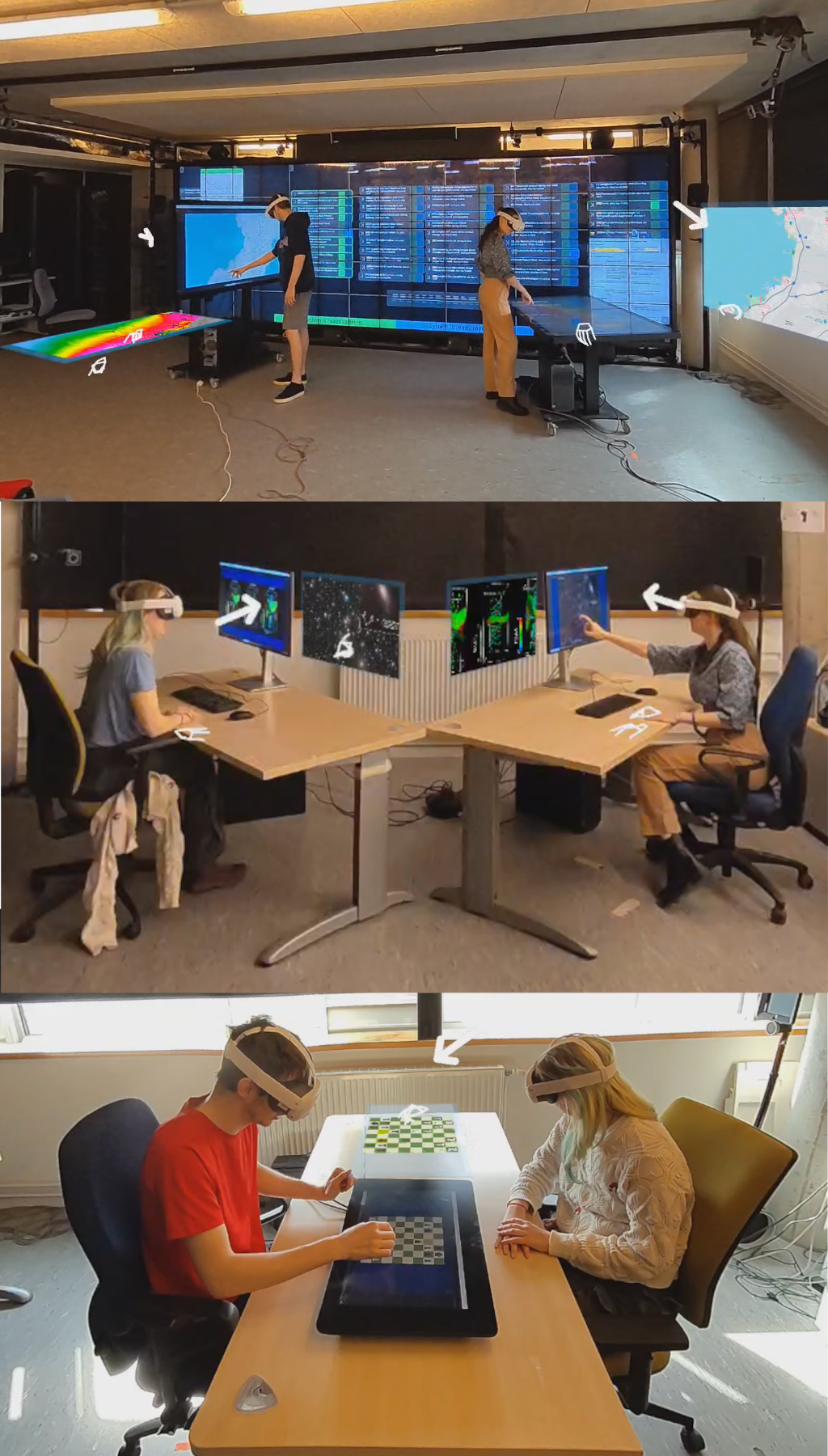 Two collaborators with AR headset working in a multi-display environment using the DoubleMe system.